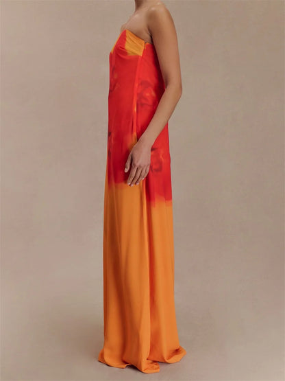 Women Long Dress Floral Print Tube Backless Casual Strapless Dress