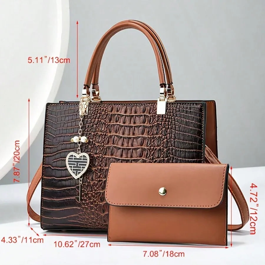 White Croc-Embossed Top Handle Handbag with Detachable Wallet