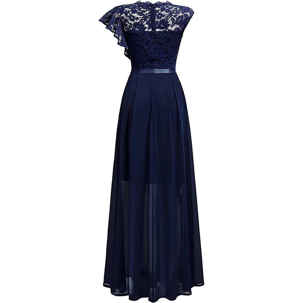 Elegant Women Sleeveless Long Evening Dress With Belt Slit Ruffles