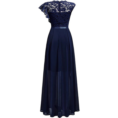 Elegant Women Sleeveless Long Evening Dress With Belt Slit Ruffles