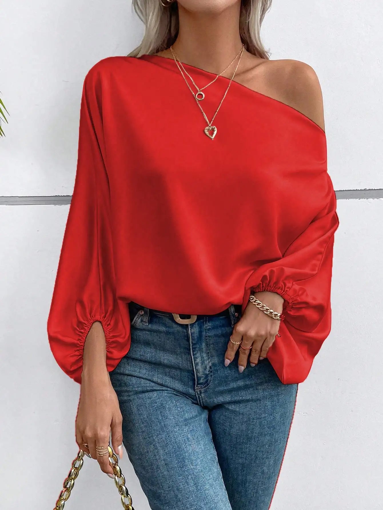 Red Asymmetric One Shoulder Blouse with Lantern Sleeve