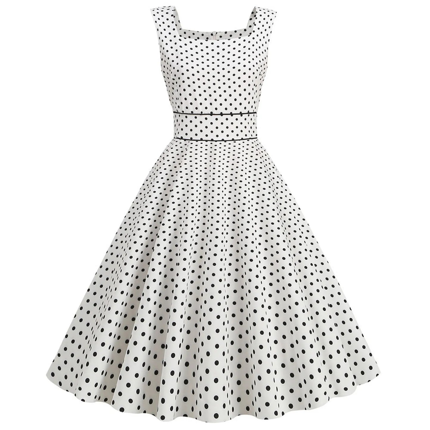 Women Vintage 1950s Retro Dress Sleeveless Dot Print Square Neck Waist In A-Line