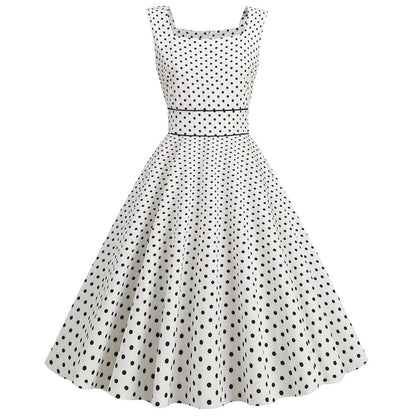 Women Vintage 1950s Retro Dress Sleeveless Dot Print Square Neck Waist In A-Line