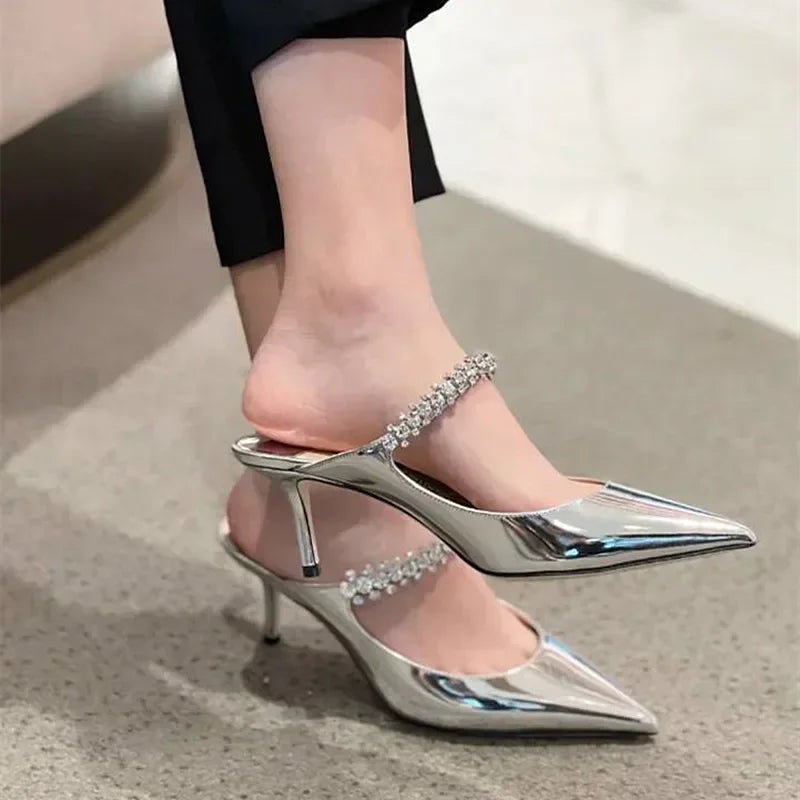 2025 New Fashionable Fine Heeled Muller Shoes with Pointed Water Diamond Chain Banquet