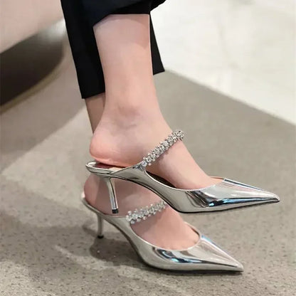 2025 New Fashionable Fine Heeled Muller Shoes with Pointed Water Diamond Chain Banquet