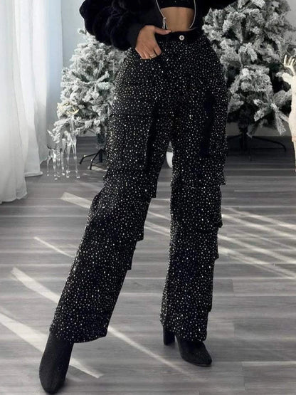 High Waist Black Rhinestone Multi-Pocket Jeans,