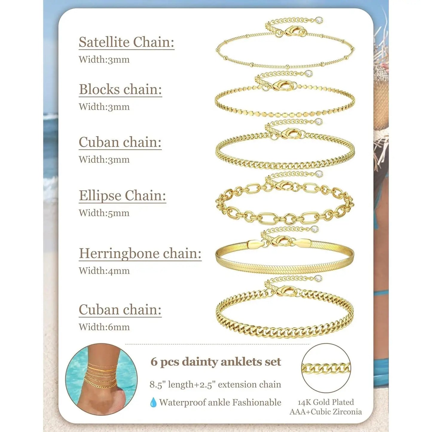 6PCS Ankle Bracelets for Women 14K Gold-plated  Anklets Stainless Steel