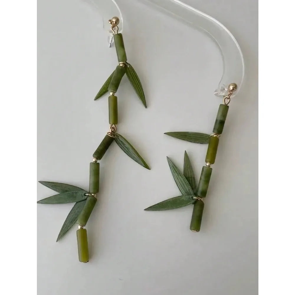 Vintage Ethnic Style Imitation Jade Bamboo Crystal Stud Earrings
