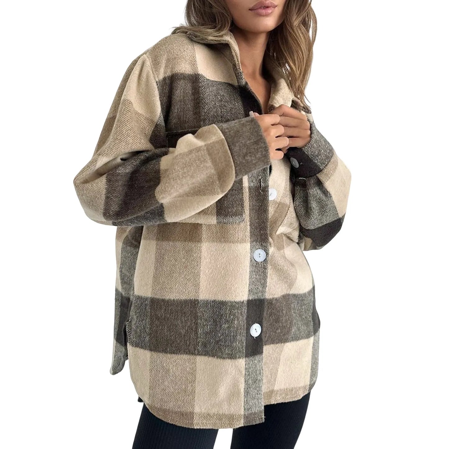 Fall Winter Classic Plaid Shirt for Women Plus Size Flannel Button Down Lapel Shirt
