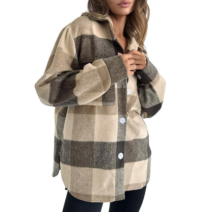 Fall Winter Classic Plaid Shirt for Women Plus Size Flannel Button Down Lapel Shirt