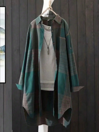 Plus Size Casual Retro Midi Women's Striped Plaid Loose Long Sleeve