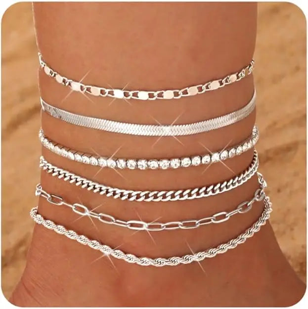 6PCS Ankle Bracelets for Women 14K Gold-plated  Anklets Stainless Steel