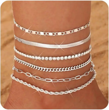 6PCS Ankle Bracelets for Women 14K Gold-plated  Anklets Stainless Steel