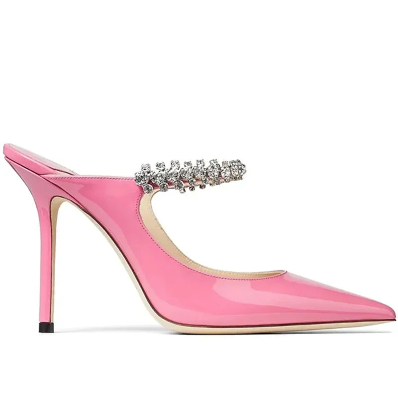 2025 New Fashionable Fine Heeled Muller Shoes with Pointed Water Diamond Chain Banquet