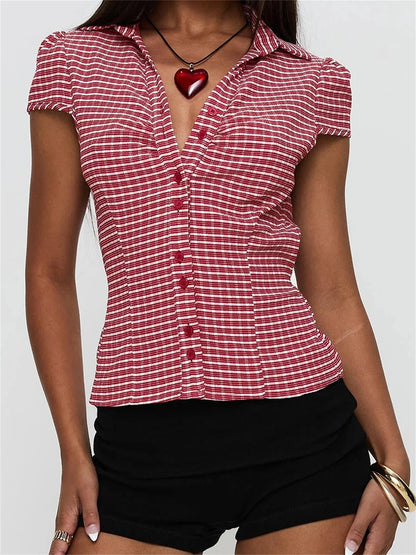 Women s Stylish Plaid Print Short Sleeve Shirt Lapel Button Down