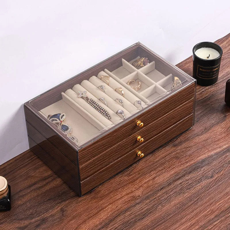 New walnut pattern three-layer drawer jewelry storage box