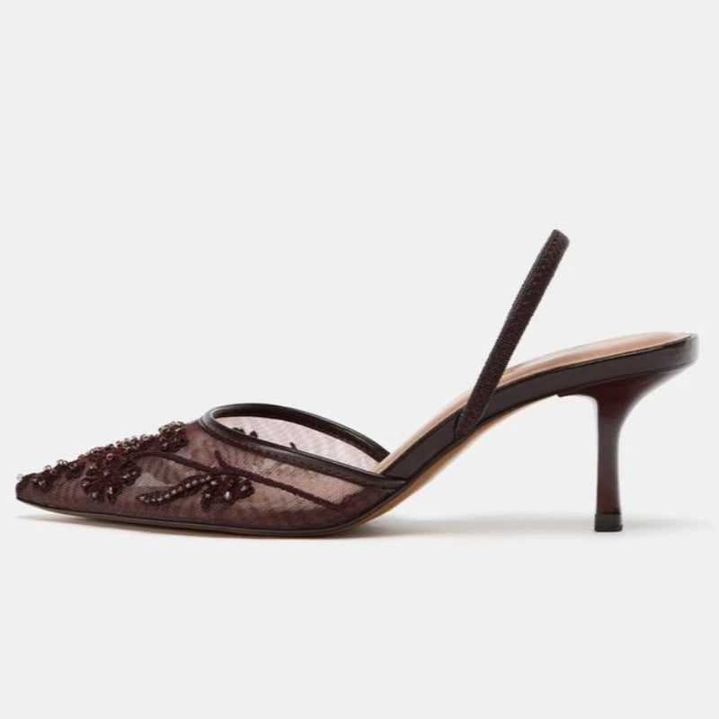 Brown String Bead Mesh Embroider Slingback High Heels Sexy Pointed Toe