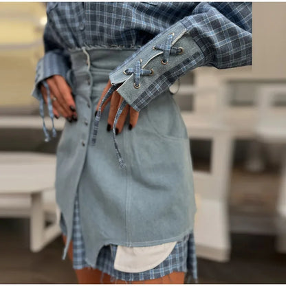 Lapel Color Blocked Shirt Waist Cinching Irregular Hem Short Skirt Set Woman Loose Long Plaid Shirt Patchwork Women Denim Suits