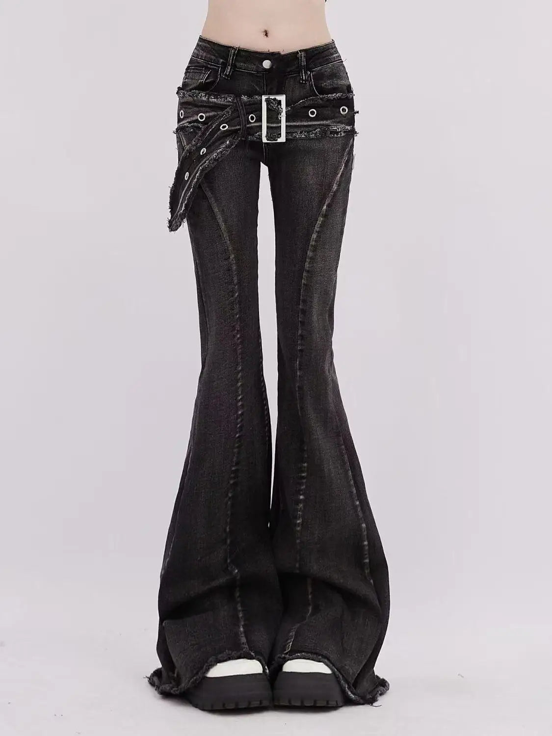 Retro Printed Bell Bottoms Street Mounted Navel Slim Jeans