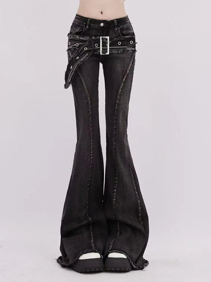 Retro Printed Bell Bottoms Street Mounted Navel Slim Jeans