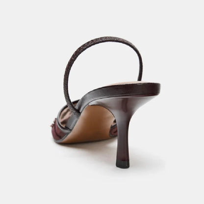 Brown String Bead Mesh Embroider Slingback High Heels Sexy Pointed Toe