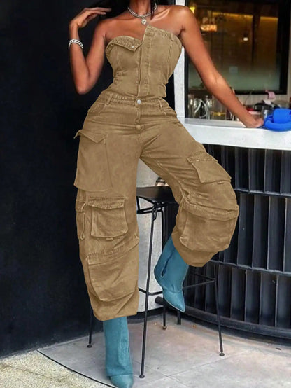 Olive Green Cargo Jumpsuit for Women, High Waist Wide Leg Denim with Multiple Pockets