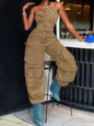 Olive Green Cargo Jumpsuit for Women, High Waist Wide Leg Denim with Multiple Pockets