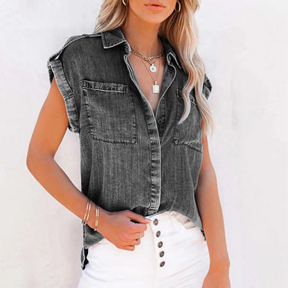 Youthful Woman Blouses Summer Slimming Short Sleeve Denim Shirt
