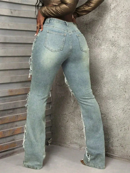 Fringed Distressed Flare Jeans - High Stretch Unique Tassel Design