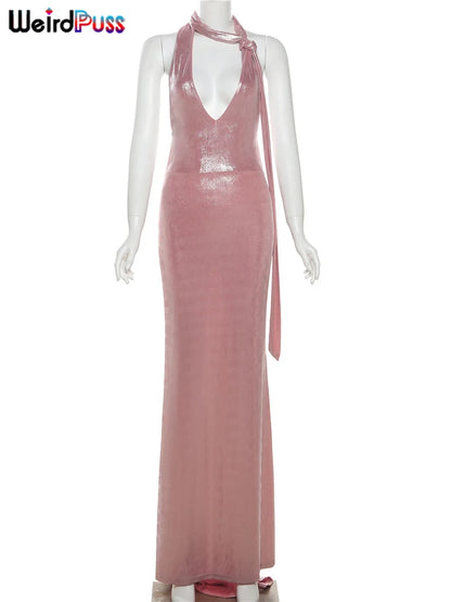 Halter Tassel Dress Backless Deep V-Neck Long Bodycon