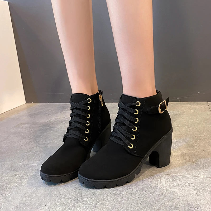 Women's Winter Warm Ankle Boots: Thick Sole & High Heel - Black PU Leather, Side Zipper with Lace-Up Detail,