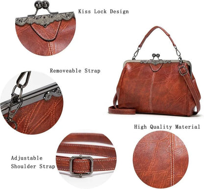 Women Kiss Lock Handbags Oil Leather