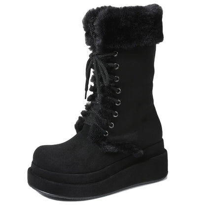 Winter Warm Faux Fur Mid Calf Snow Boots Platform Wedges High Heels Side Zipper Lace-up Boots for Women