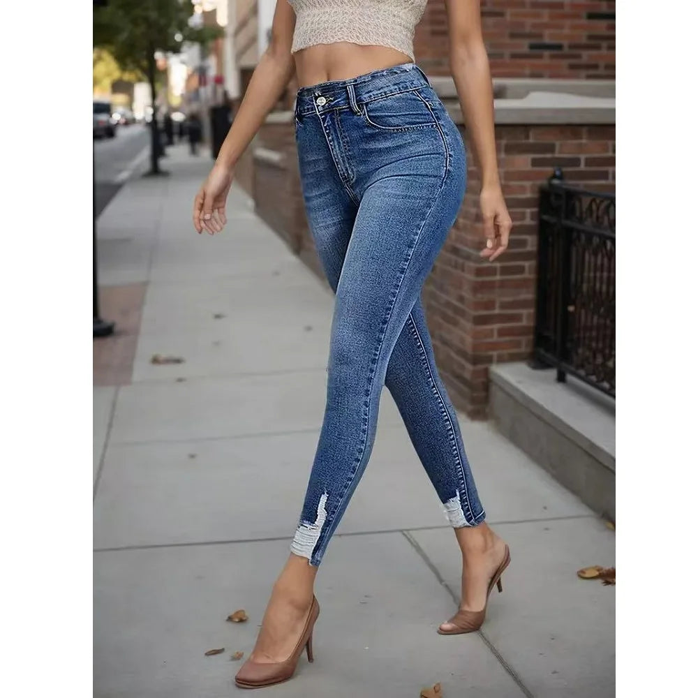 Women Vintage High Waist Denim Jeans Ripped Hole Pencil Pants