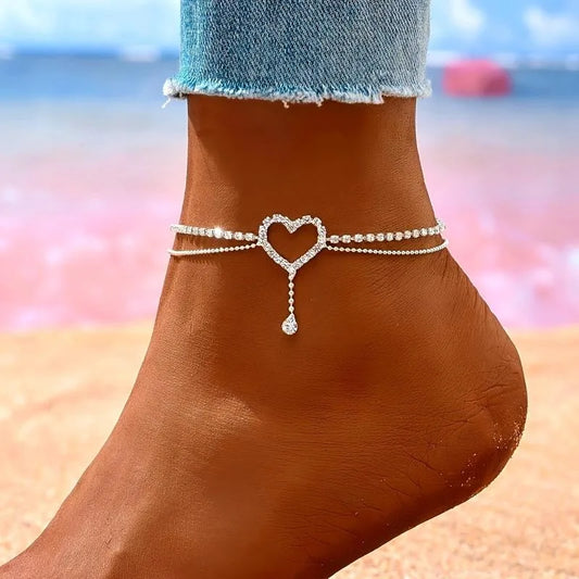 Handmade Women's Ankle Chain Sparkling Hollow Heart