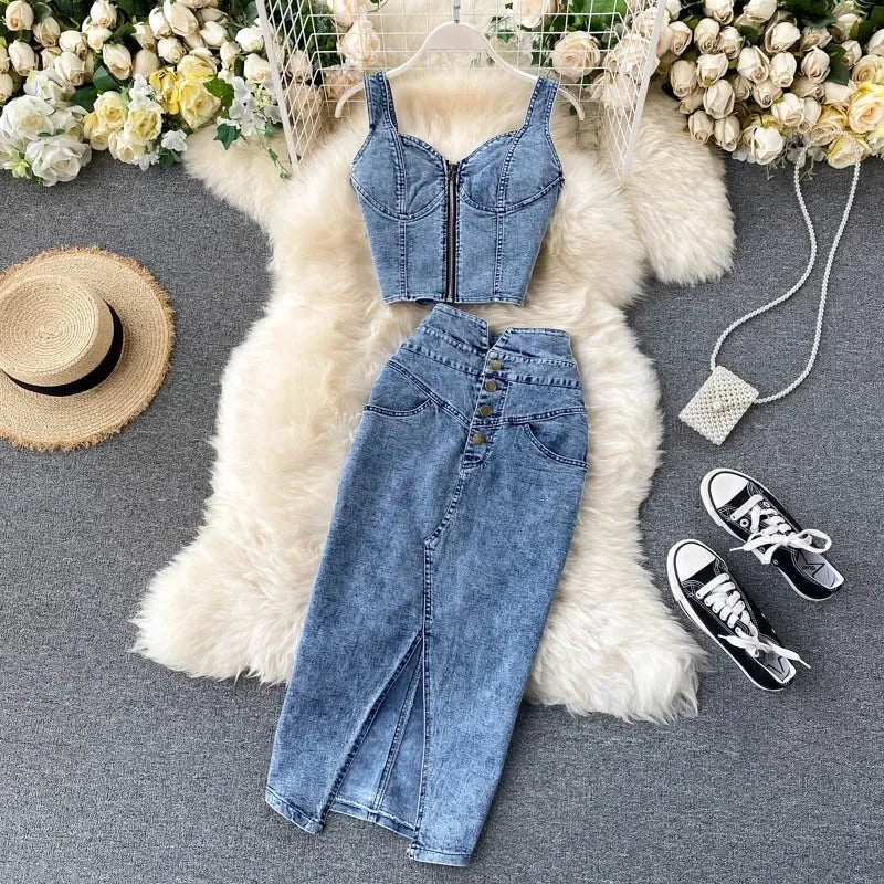 denim 2 piece outfits summer top and skirt