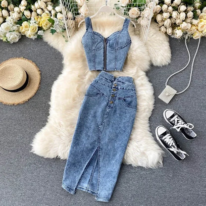 denim 2 piece outfits summer top and skirt