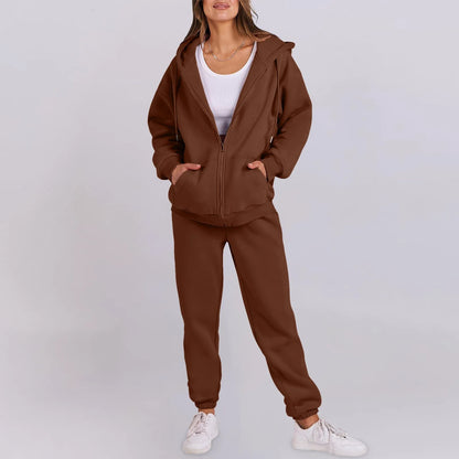 Women Long Sleeve Solid Color Hooded Sweatshirt and Pant