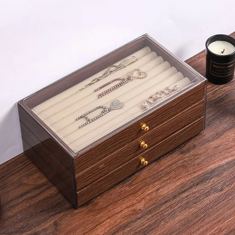 New walnut pattern three-layer drawer jewelry storage box