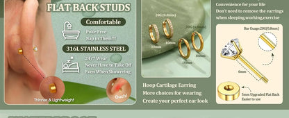 11 Pairs Flat Back Earrings for Women-20G Surgical Stainless Steel Stud and Hoop Earring