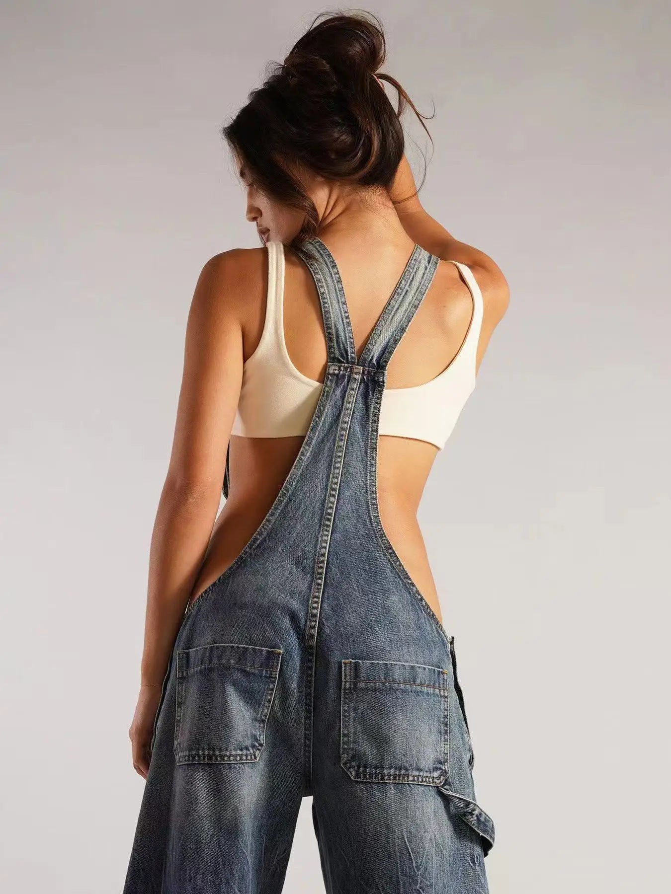 Low Waist shoulder Strap Wide Leg Jeans Low Rise Cargo Trousers with Straps
