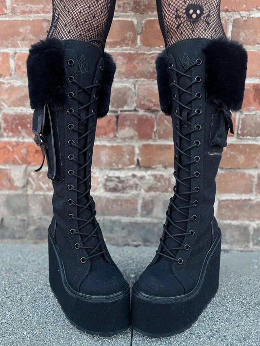 Punk Gothic Women Combat Boots Chunky Wedges Heel Fur Mid Calf Platform