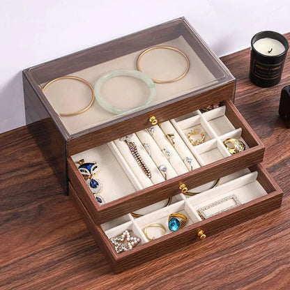 New walnut pattern three-layer drawer jewelry storage box