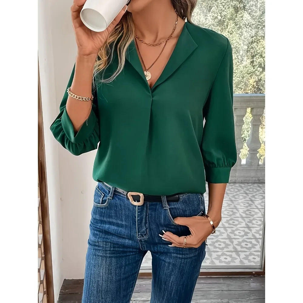 Plus Size 1XL-5XL Autumn New Women's Lapel Simple Solid Color V-neck Shirt