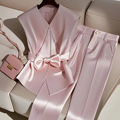 Fashionable, elegant, simple solid color sleeveless romantic date top and trousers two-piece set