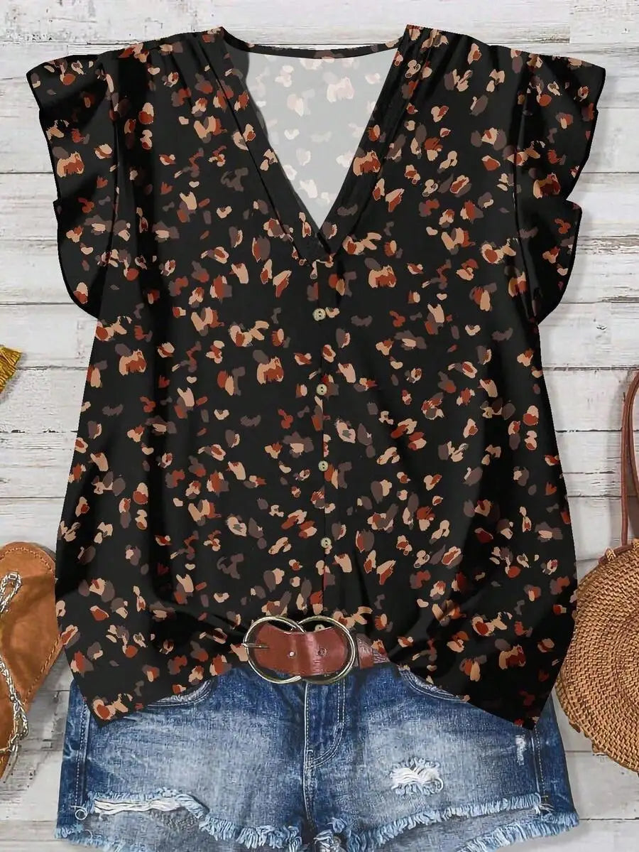 Women's V-Neck Floral Print Button-Up Blouse, Loose Fit, Lightweight