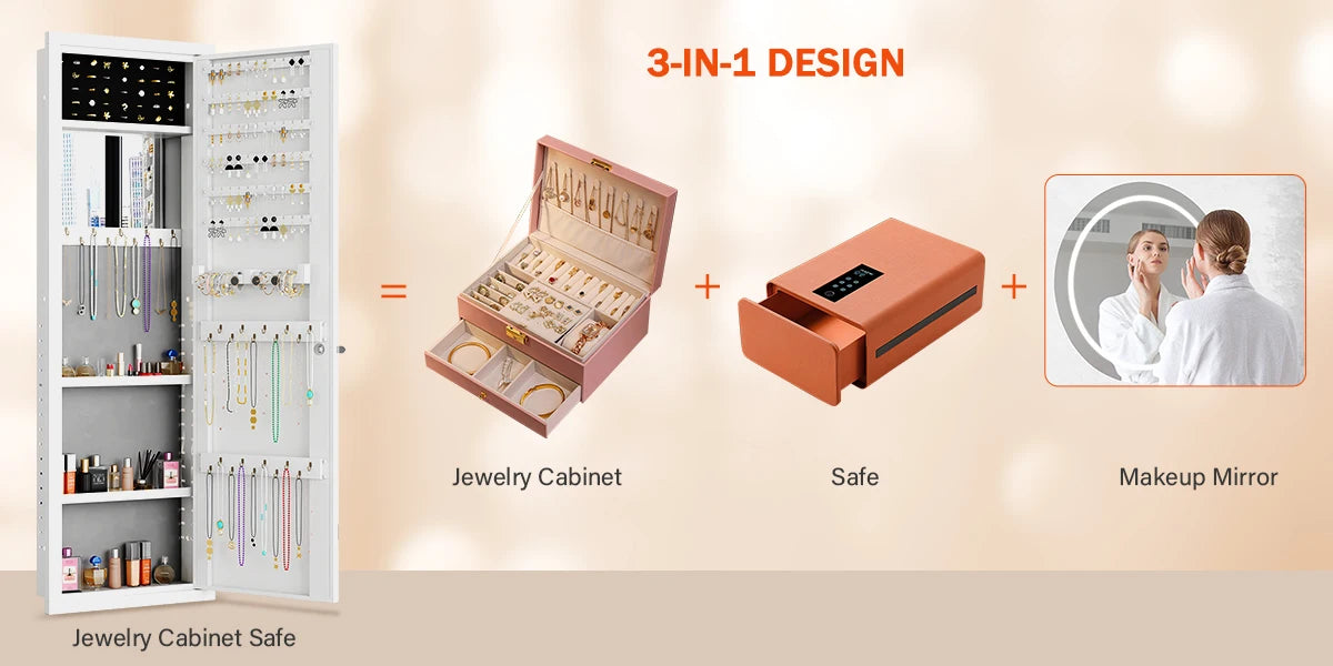 Mirror Jewelry Cabinet, 47.24" Tall Wall Mounted Jewelry Cabinet with Mirror and Light, Large Jewelry Armoire Organizer