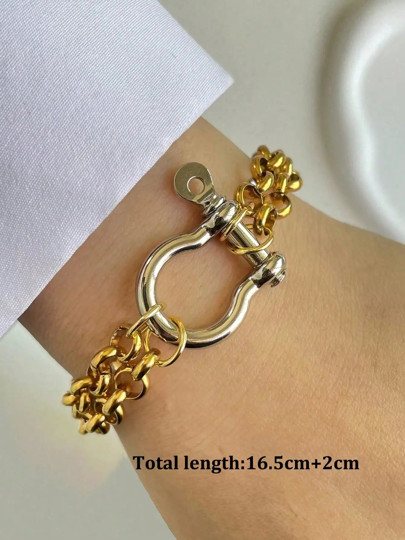 1PC Luxury Gold& Silver Horseshoe Bracelet, Chunky, Stainless Steel Bracelet