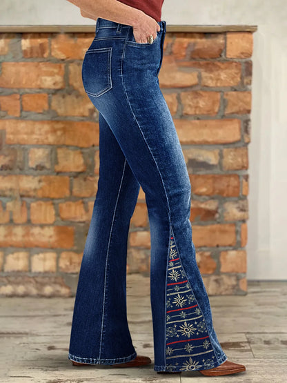 Women's plus-size high-waist jeans, dark blue ethnic-style embroidered flare jeans