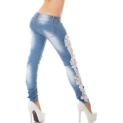 Hollow Out Floral Lace Pants Low Waist Slim Pencil Denim Jeans